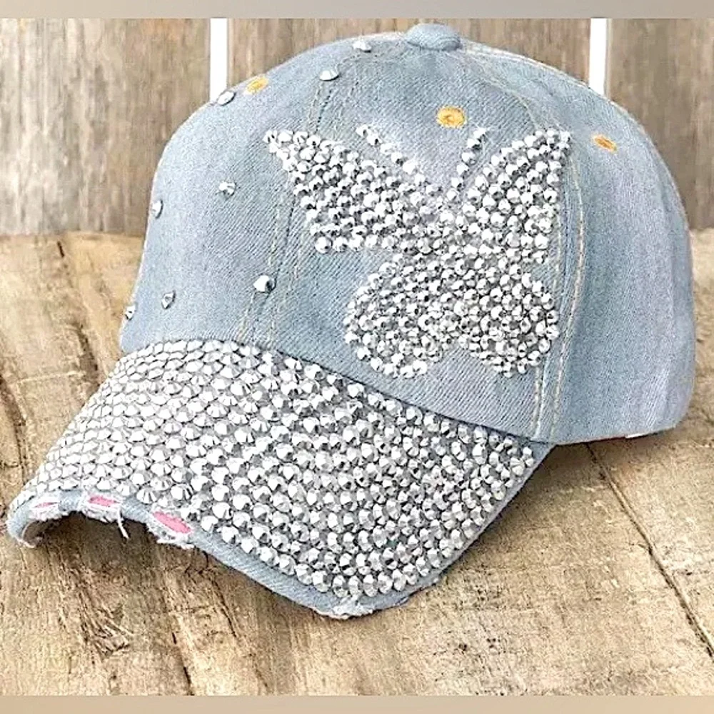 Embellished Ball Cap Distressed Light Denim‎ Silver Stud Butterfly Baseball Hat